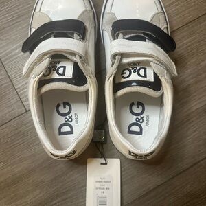 D&G Junior Patent Leather Velcro Sneakers White/Navy | Size 35 | NWT + Box
